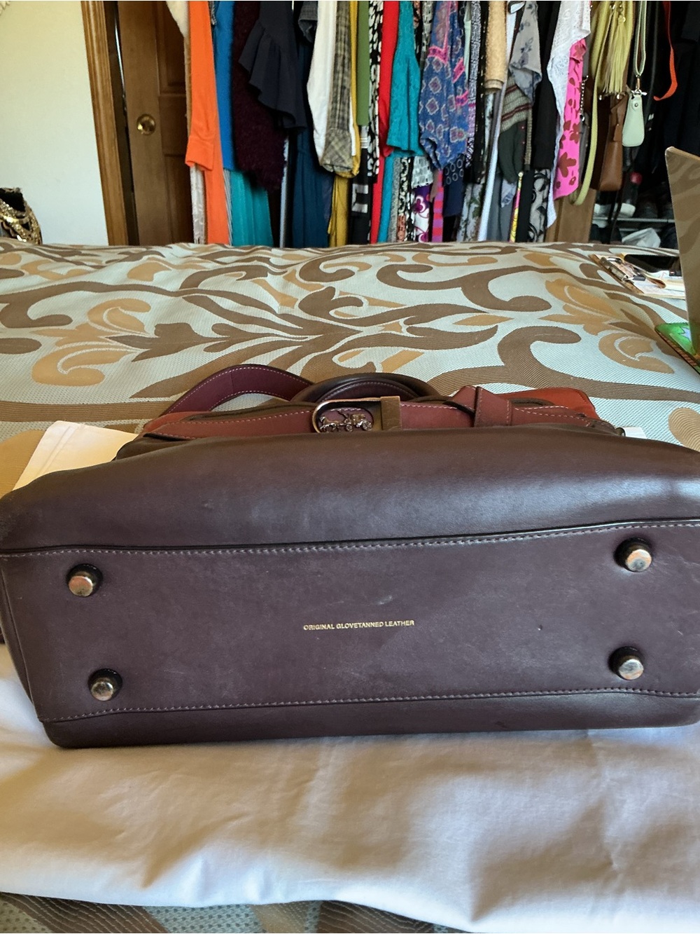 Coach Tate Carryall Two-Tone Brown and Burgundy Leather Crossbody - Picture 3 of 15